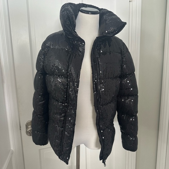 NWT Unreal Fur Black Sequin Puffer Jacket Front Zip High Collar Sz XS - Picture 3 of 16